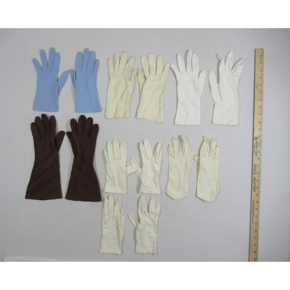 Vintage Ladies Gloves Lot Beaded Nylon Leather Blue Brown White Ivory Costume
